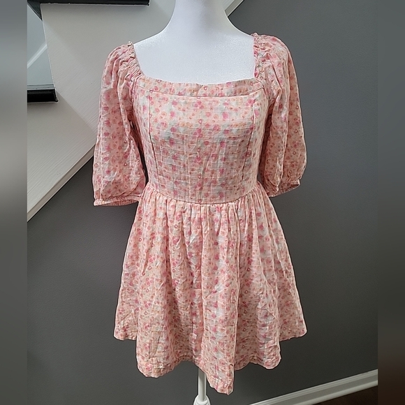 AE American Eagle Puff Sleeve Mini Dress Sundress Med Pockets Smocked - Picture 2 of 6